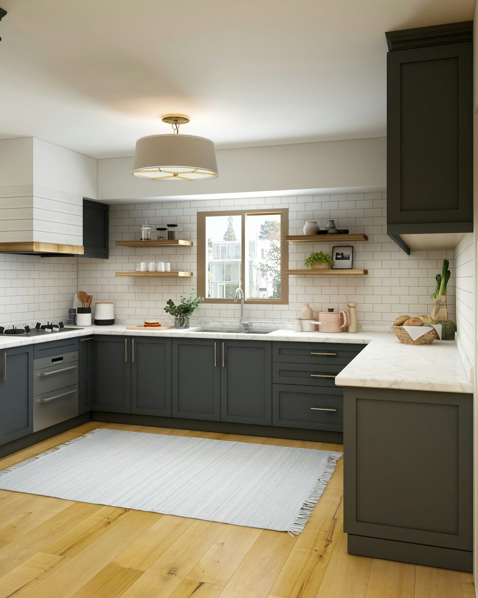 The kitchen in deep green with white tiling and an open timber shelf
